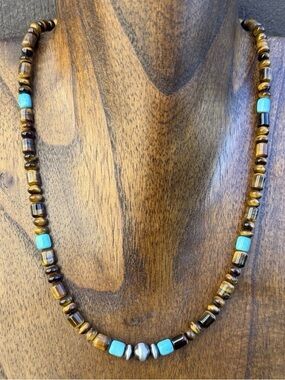 Southwestern 925 Sterling Silver Blue Turquoise Tigers Eye Bead Necklace 18 inch